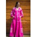 Boho Style Embroidered Long Dress Pink with White Embroidery